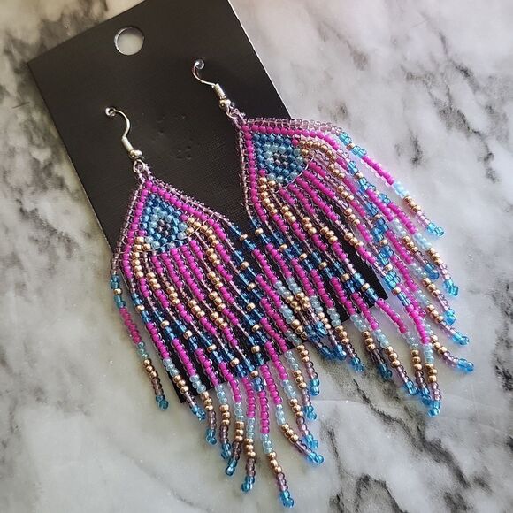 Colorful Beads Tassel Dangle Pink and Blue Earrings Retro Bohemian Style - Picture 3 of 10
